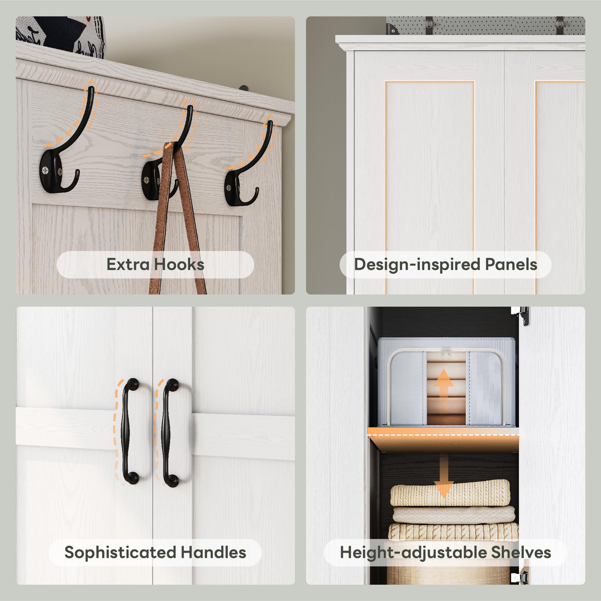 LIKIMIO 3 Doors Armoire Wardrobe Closet with Mirror, 2 Shoe Racks, 70" H Wooden Bedroom Armoires with 2 Drawers and Adjustable Shelves, Freestanding Closet Storage Cabinet with Hanging Rail, White