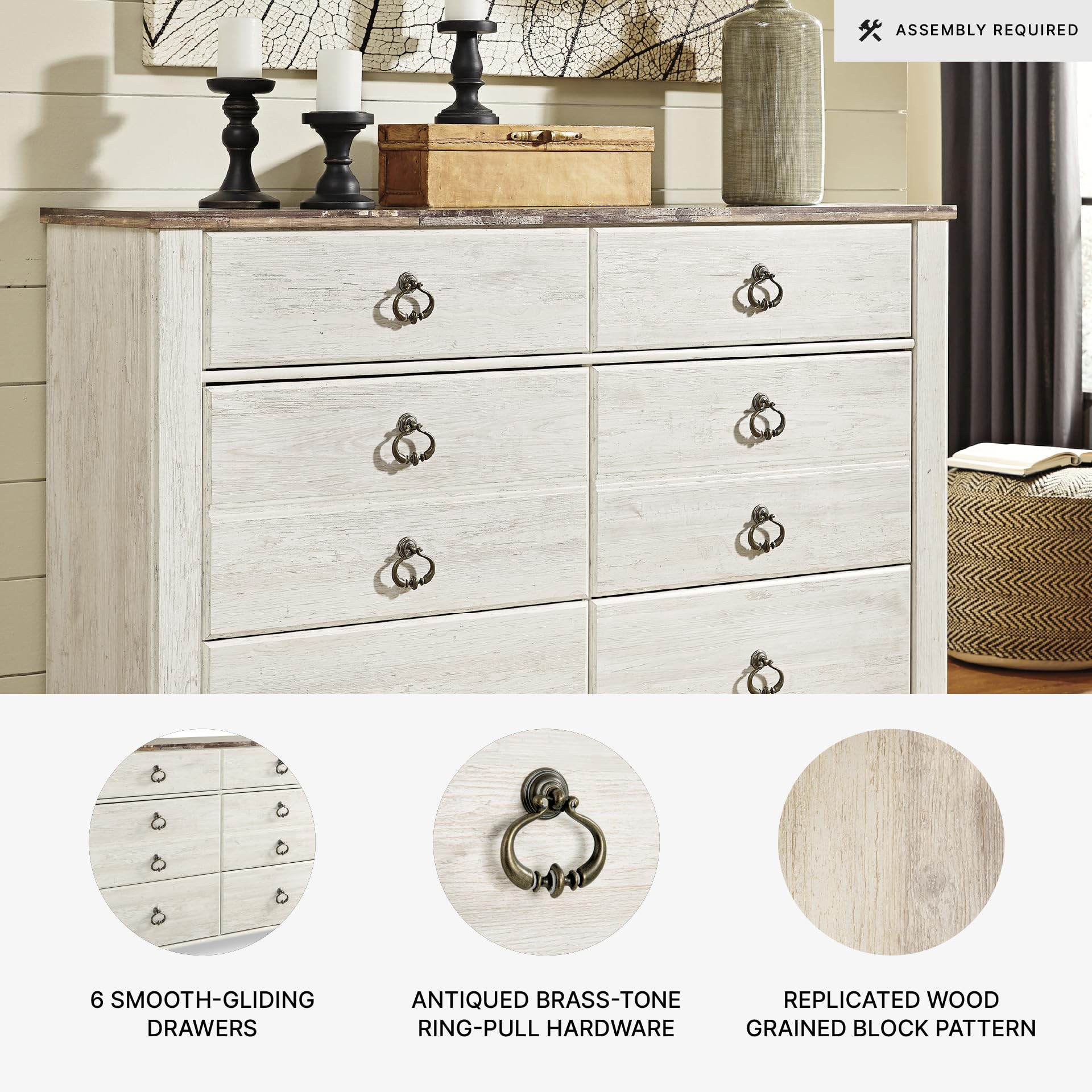 Signature Design by Ashley Willowton Coastal Cottage 6 Drawer Dresser with Faux Plank Top, Whitewash