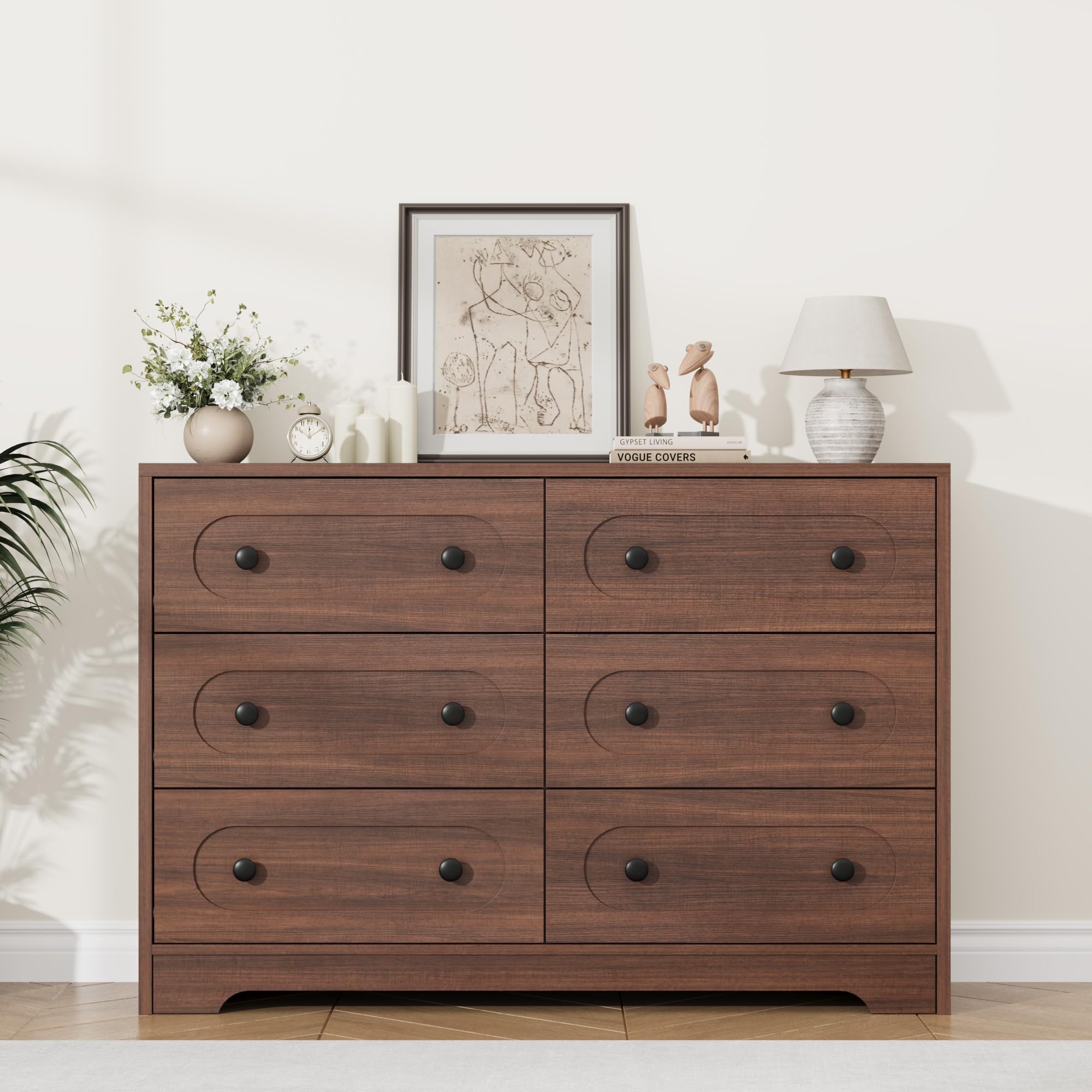 Garvee 6 Drawer Dresser for Bedroom, 47" Wide Large Dresser with Deep Drawers & Metal Knobs, Wooden Mid Century Modern Chest of Drawers for Living Room, Entryway, Hallway, Walnut