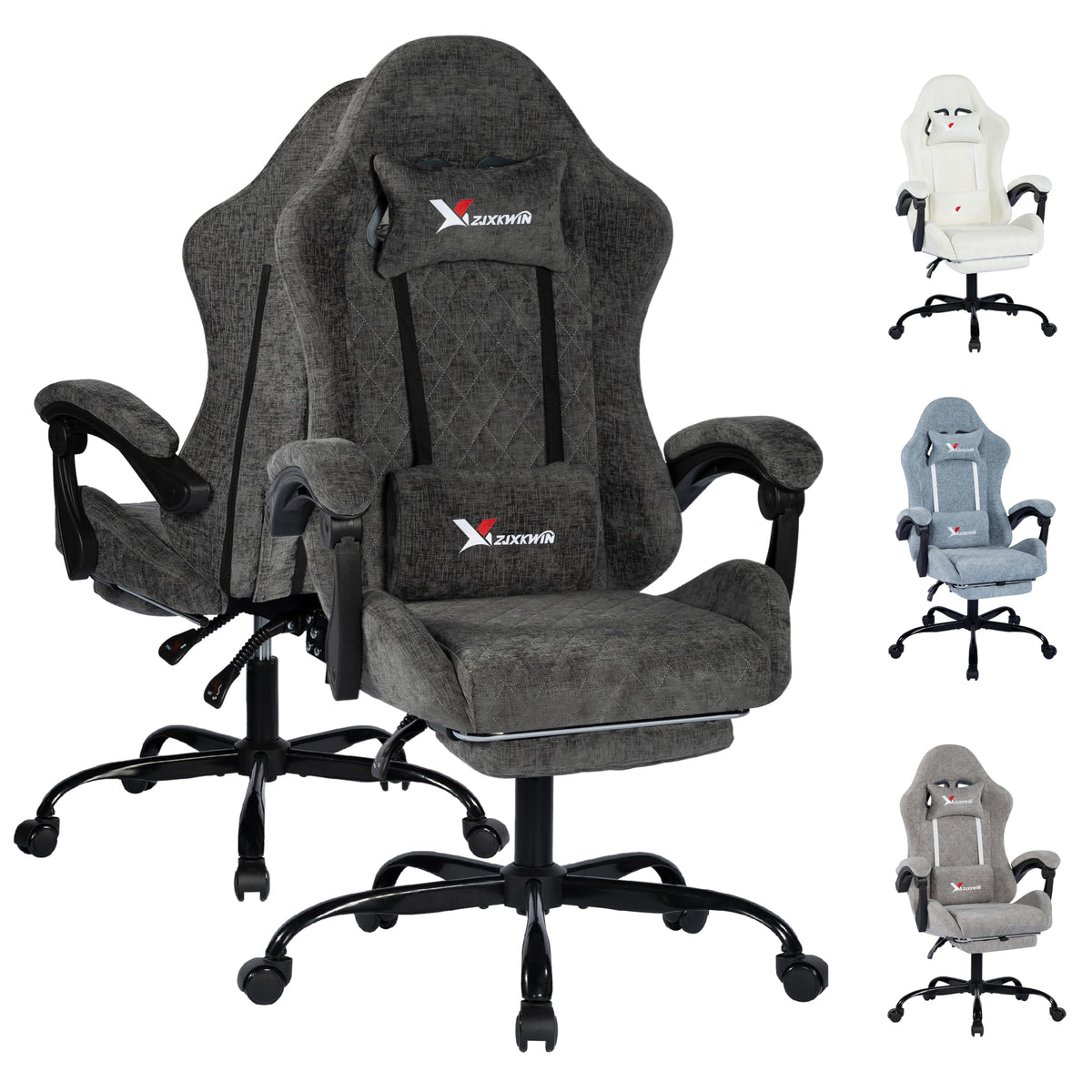 Grey Fabric Gaming Chair with Footrest
