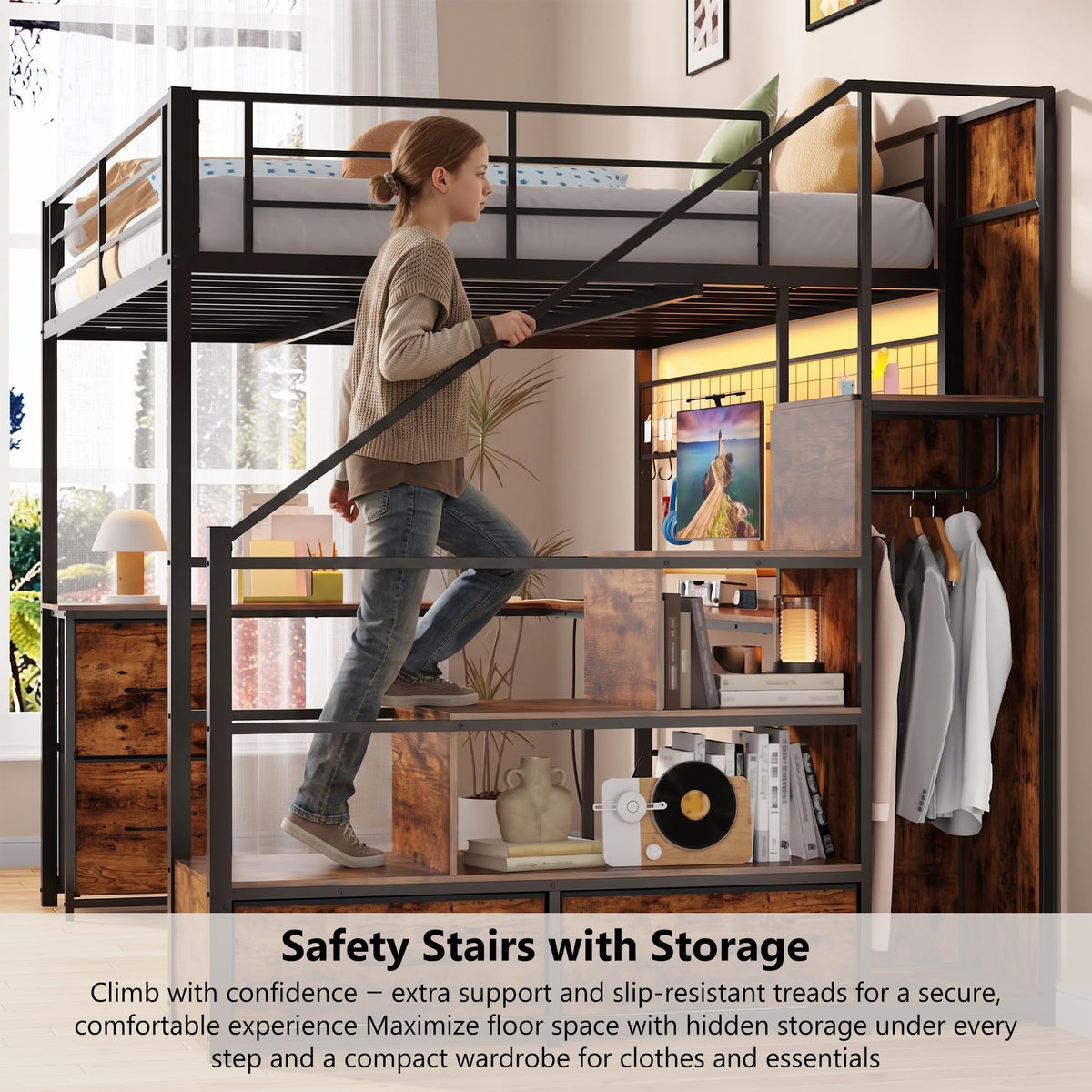 Queen Size Loft Bed with L-Shaped Desk and Storage Stairs, Rustic Brown