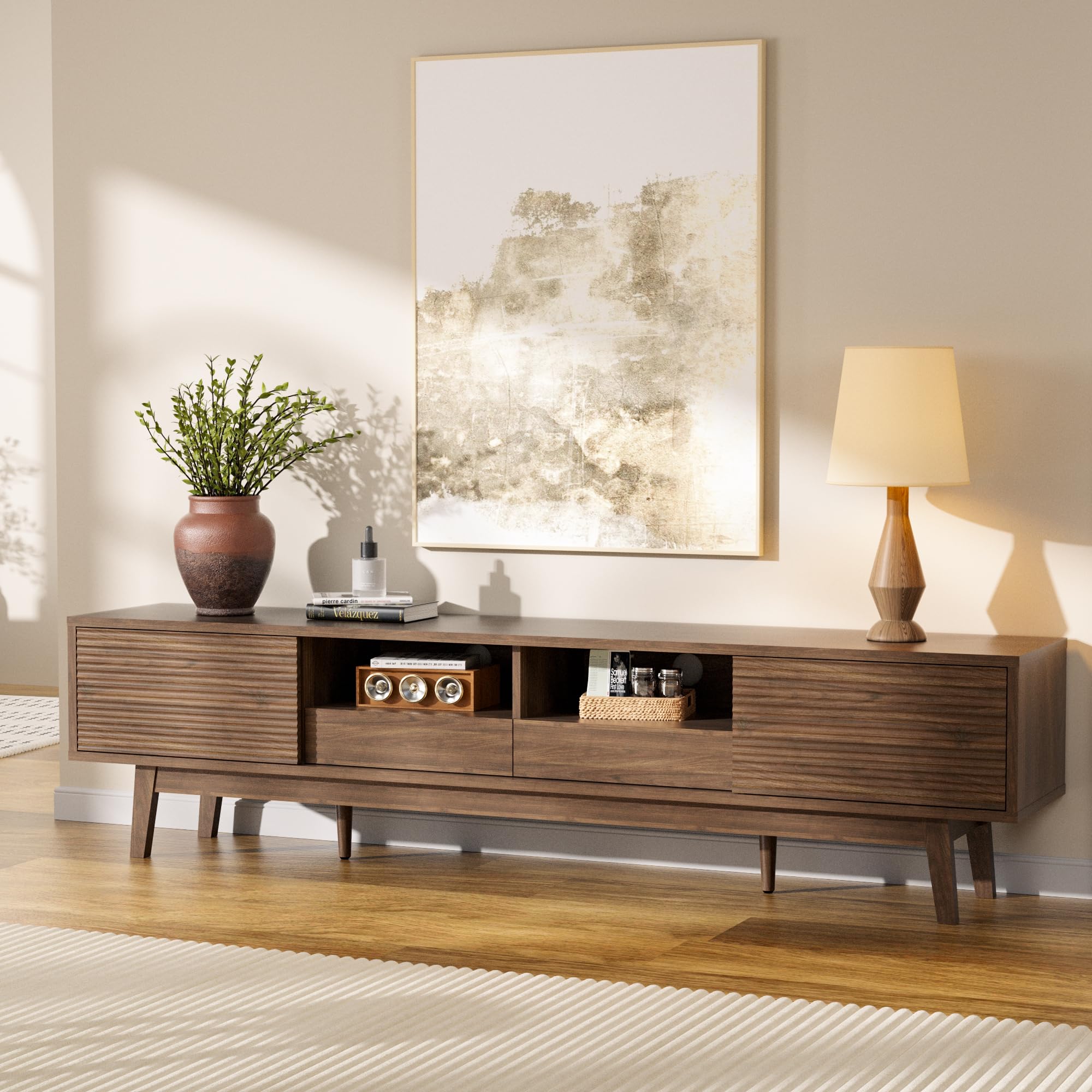 MU 70 Inch TV Stand for TVs up to 80 Inch, Mid Century Modern TV Console with Fluted Sliding Doors, Shelves & Drawers, Low Profile Entertainment Center for Living Room (Walnut, 70")