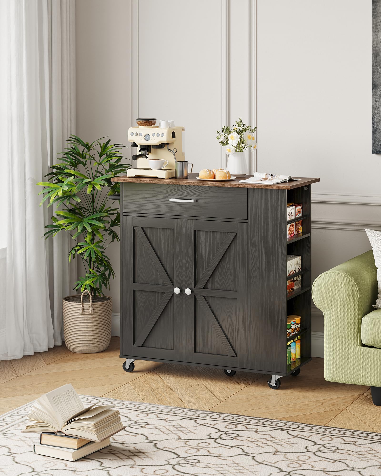 CHOEZON Kitchen Island Cart with Storage, Bar Cart with Charging Station, Kitchen Island on Wheels, Rolling Mobile Table with Cabinet, 3 AC Outlets, Black and Walnut MZD04UBL