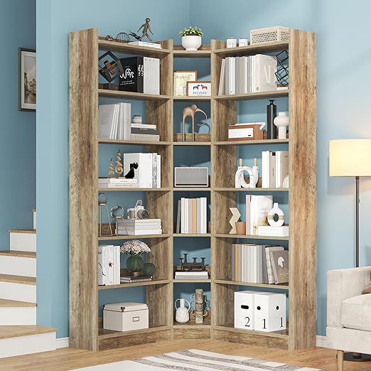 7-Tier L-Shaped Corner Bookshelf with Anti-Fall Baffles – 63.1" Tall