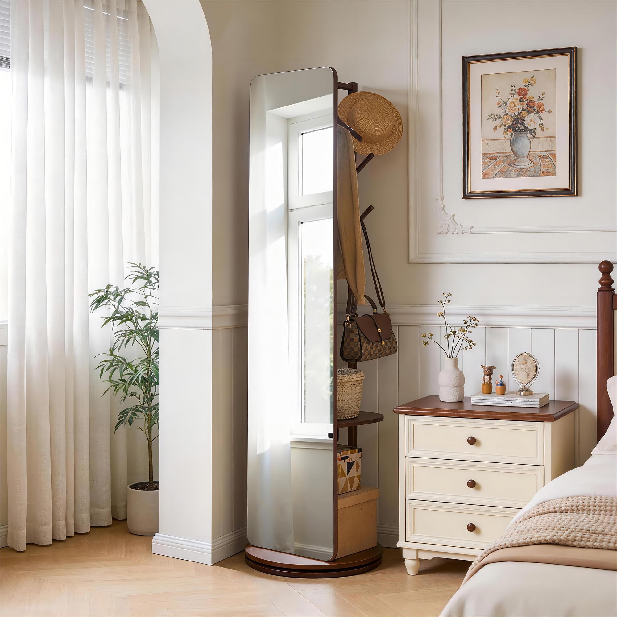 Purfeel Home Solid Wood Floor Mirror 69"x19"Full Length Mirror with Standing,360°Rotating Coat Rack with Mirror for Bedroom, Living Room, Cloakroom