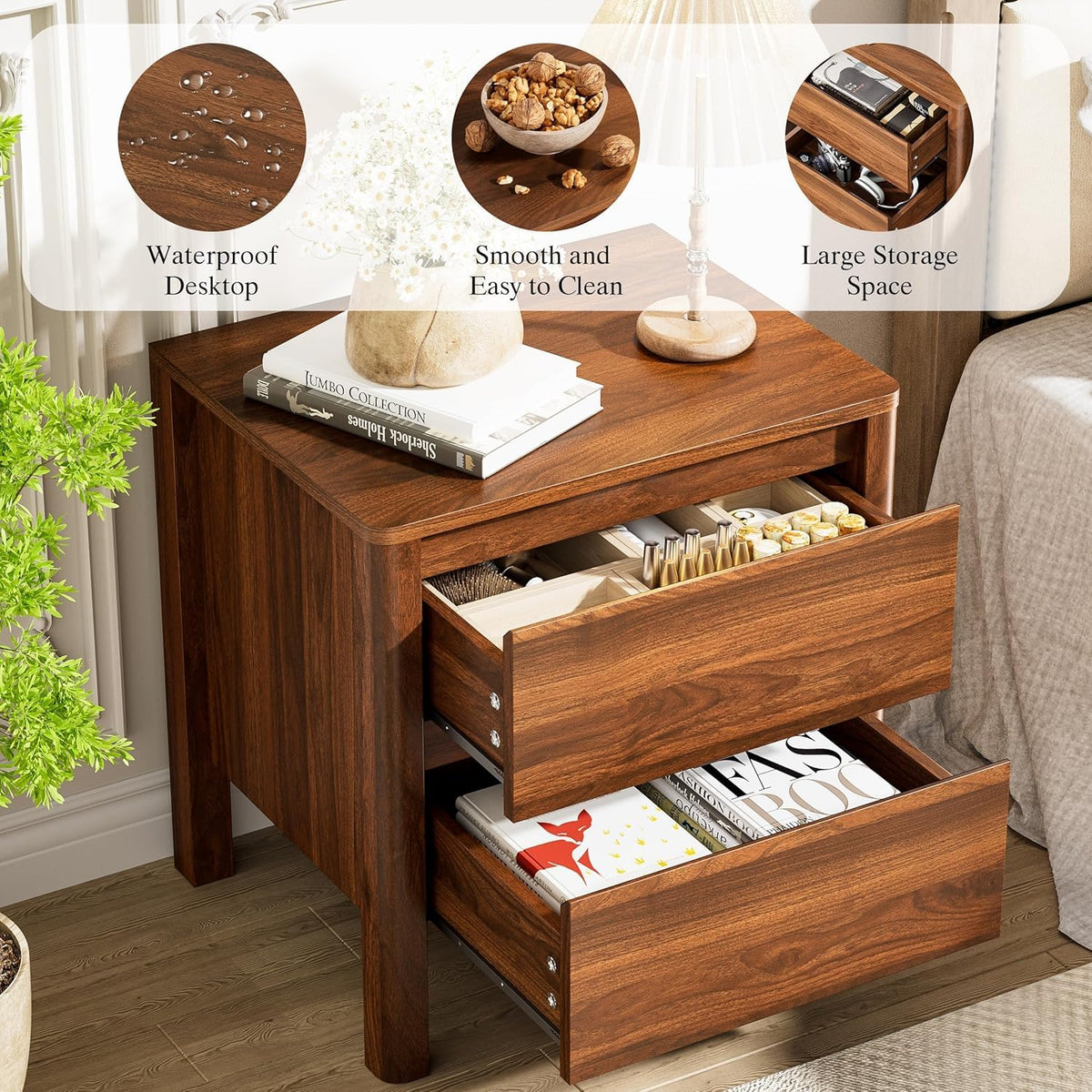 Furniway Mid Century Coffee Table Set, Living Room Table Set of 3 with Sliding Door Storage, Coffee Table and 2 End Tables, Walnut