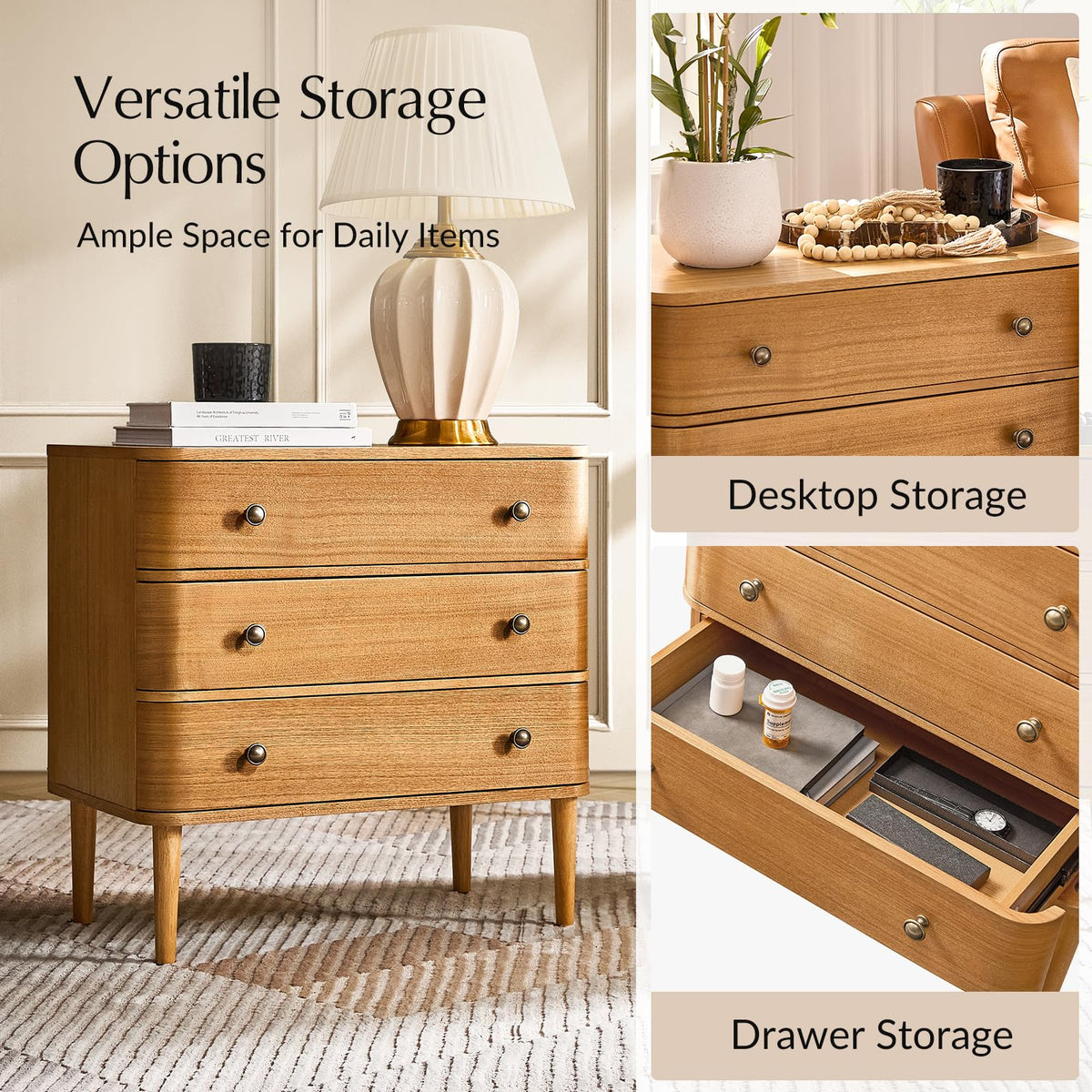 HULALA HOME 3 Drawer End Table with Charge Station, Set of 2, Oak