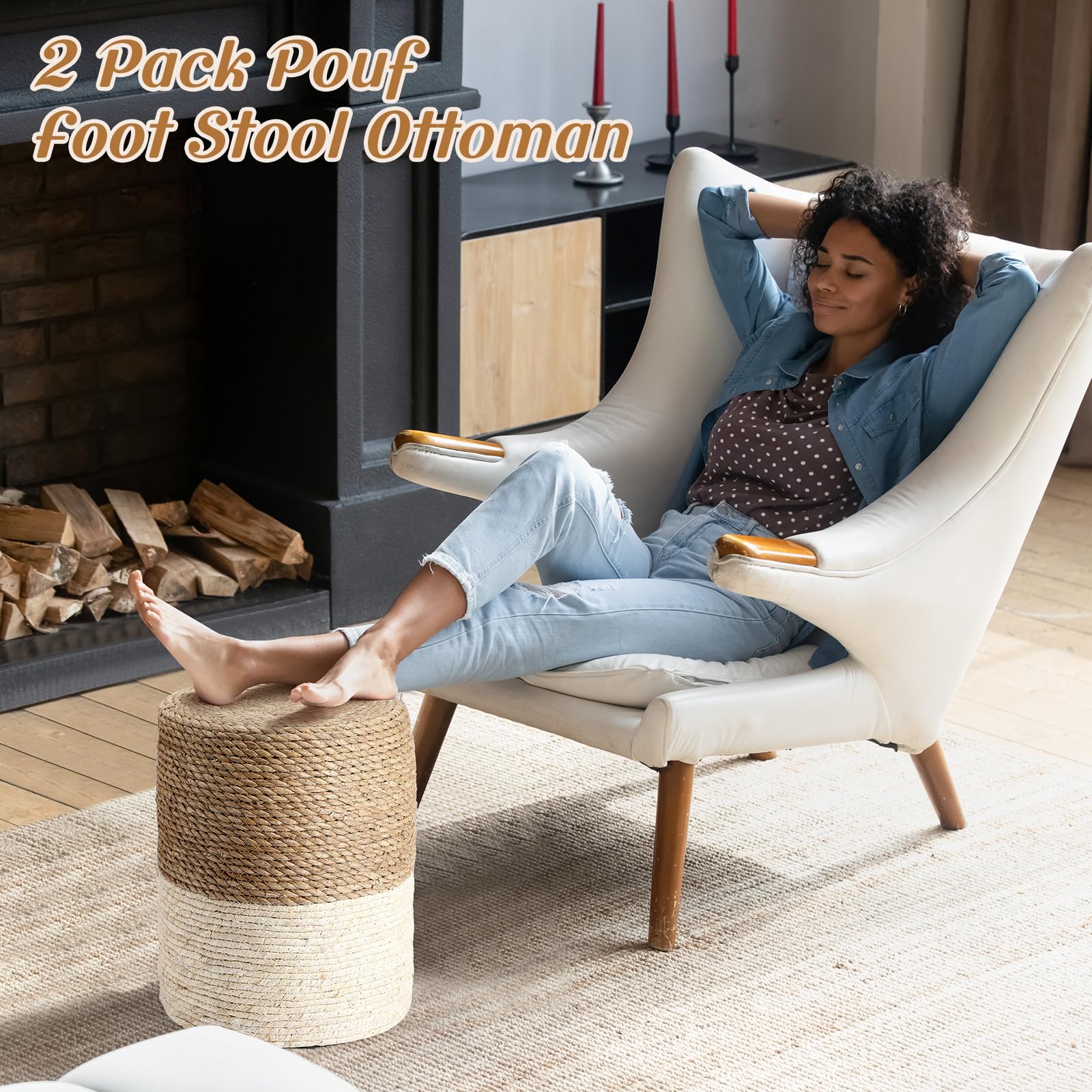 Round Seagrass Pouf Ottoman Set of 2 – Boho Footrest Stool