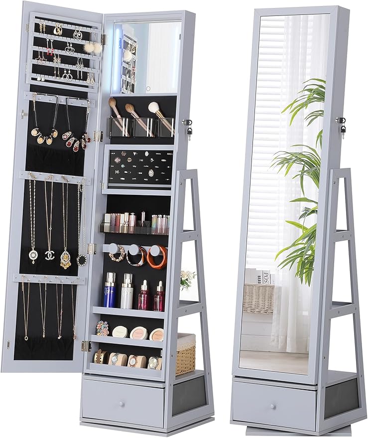 360° Swivel Jewelry Cabinet with Lighted Mirror