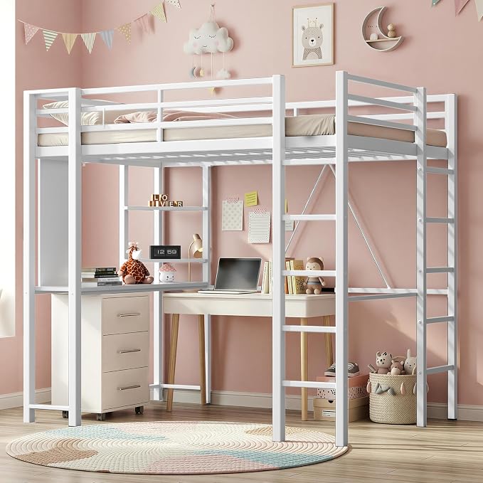 Metal Loft Bed with Desk and Shelves