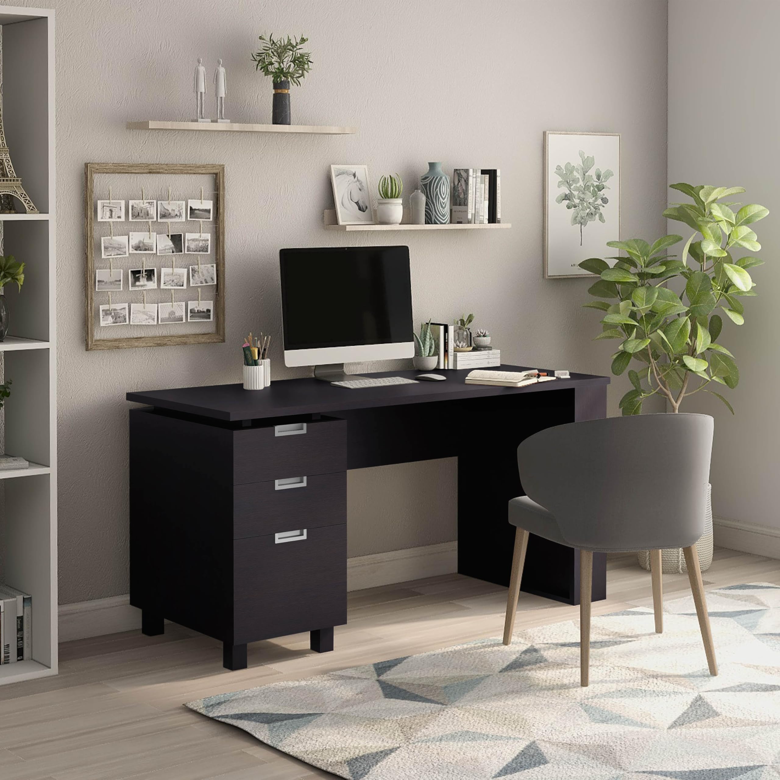 3-Drawer Office Desk with File Cabinet & Magazine Racks, Espresso