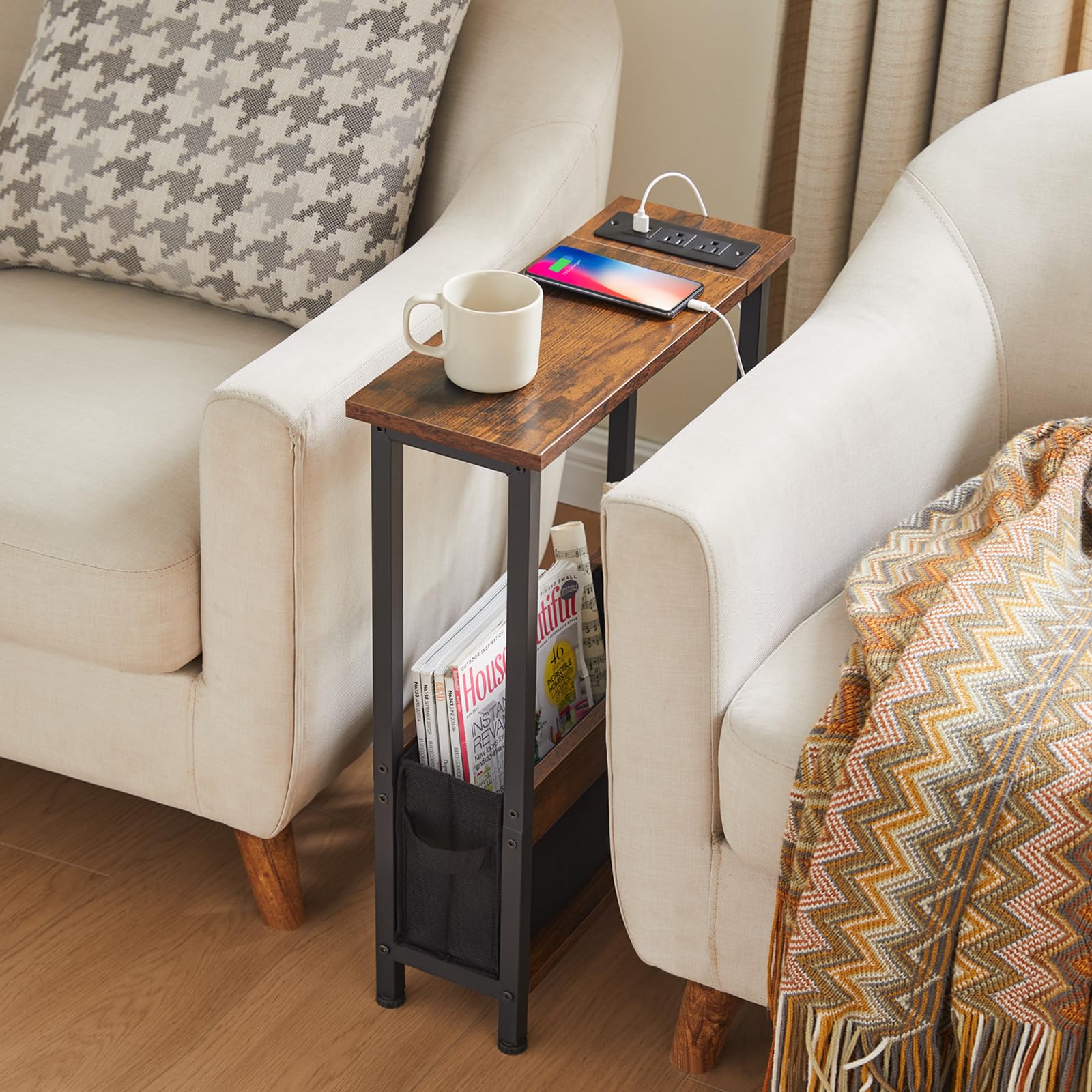 Slim Side Table with Storage, Drawer & USB Charging Ports