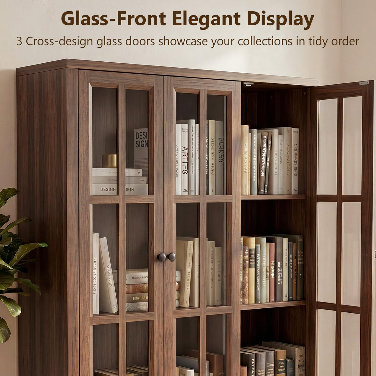 51“ Glass Display Cabinet, Curio Display Cabinet with 3 Glass Doors & Movable Shelves, China Cabinet Cedenza Storage Cabinet Bookcase Kitchen Pantry Cabinet for Collectibles (1, Cracked Oak, 51 Inch)