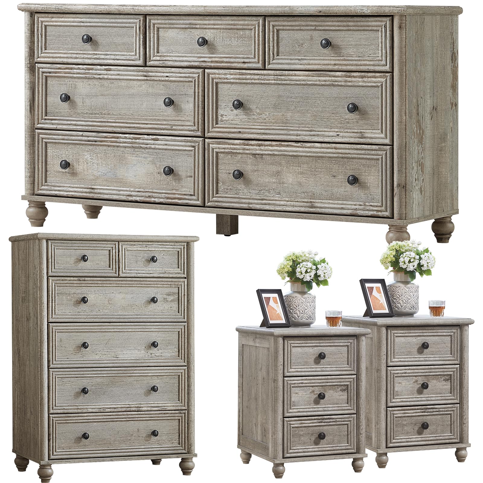 RWYHG Farmhouse Dresser and Nightstand Sets 4 Piece, Wooden 7 Drawers Dresser & 43.5" Tall Chest of Drawers, 18" Roman Column Nightstand Set of 2, Furniture Dressers for Bedroom, Living Room