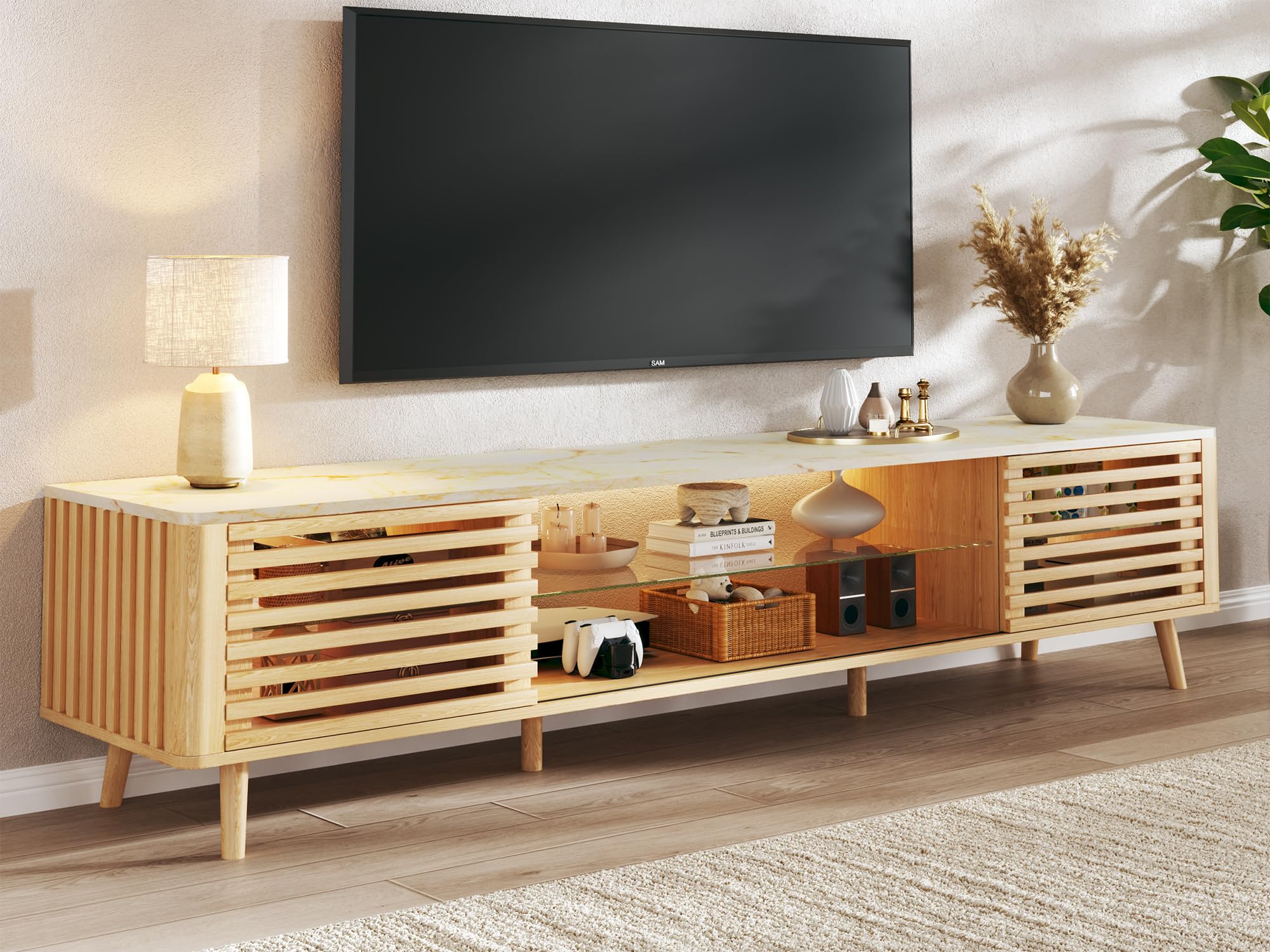 HUAHUU 70" TV Stand for 55/65/75 Inch TV, Faux Marble Top Entertainment Center with Slatied Sliding Door & LED Lights, Mid Century Modern Style, Low TV Console with Glass Shelves for Bedroom