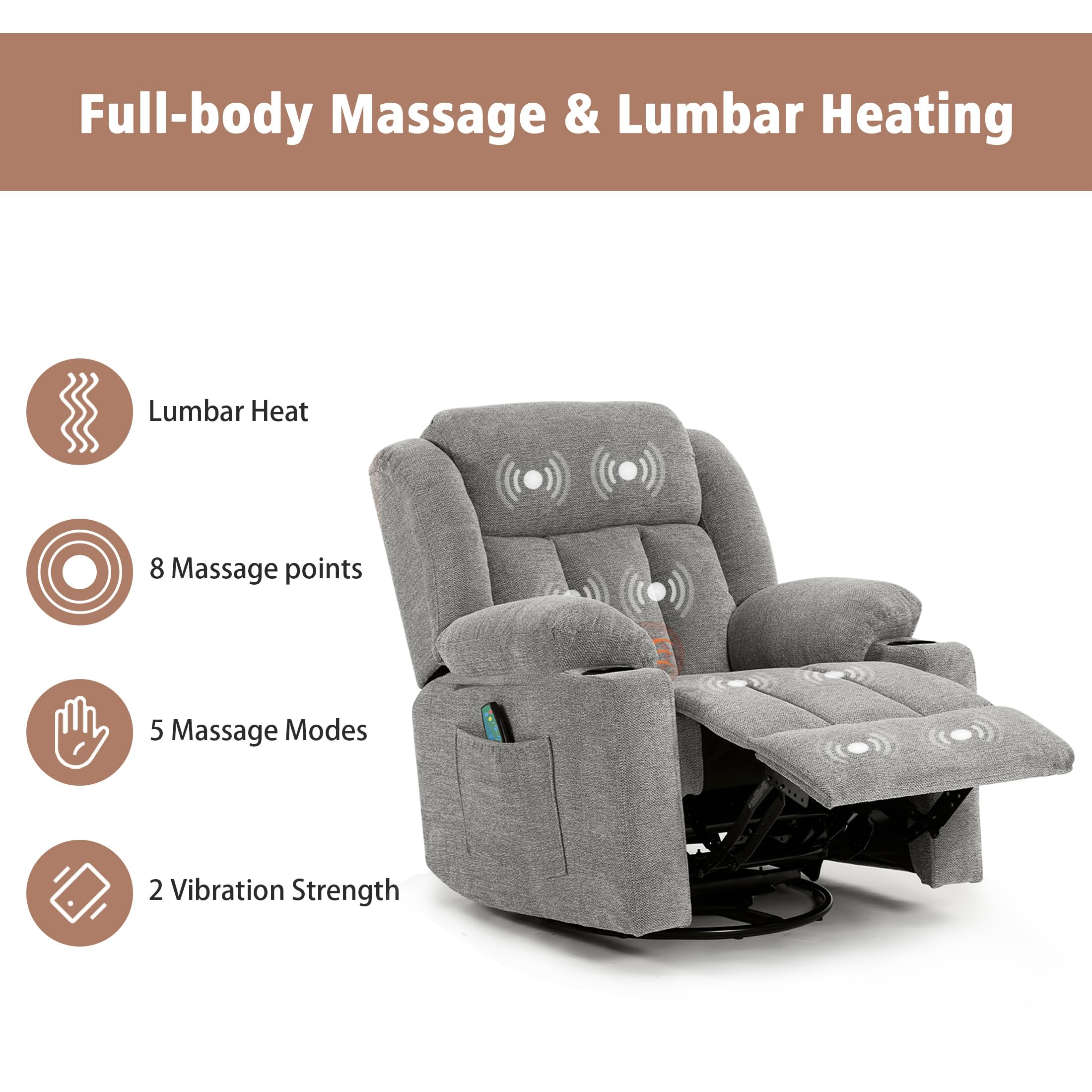 Rocker Swivel Recliner Chair with Massage & Heat