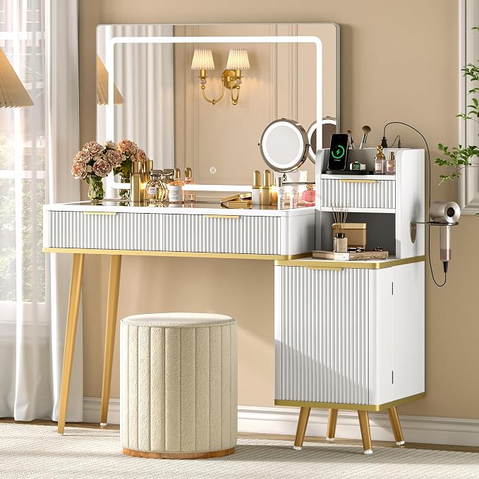 Fluted Glass Top LED Makeup Vanity