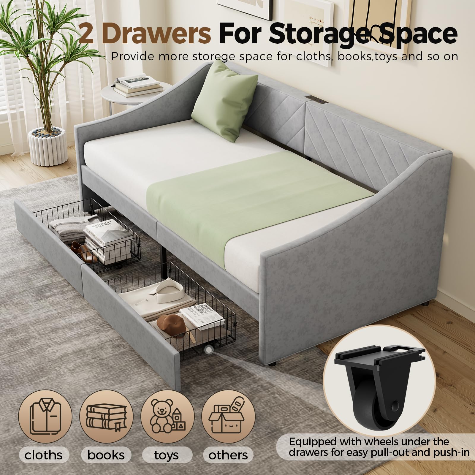 Twin Size Daybed with Storage Drawers & Charging Station