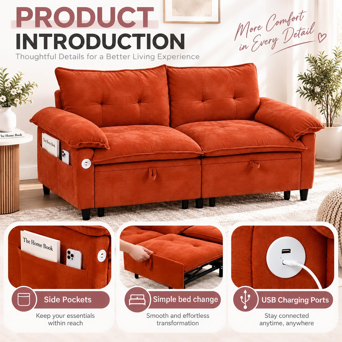 73 Inch Queen Sleeper Sofa Bed, 3 in 1 Convertible Pull Out Loveseat, Chenille Upholstered Sofa with USB Charging Ports & Side Storage Pockets, Modern Small Couch for Apartment, Living Room (Orange)