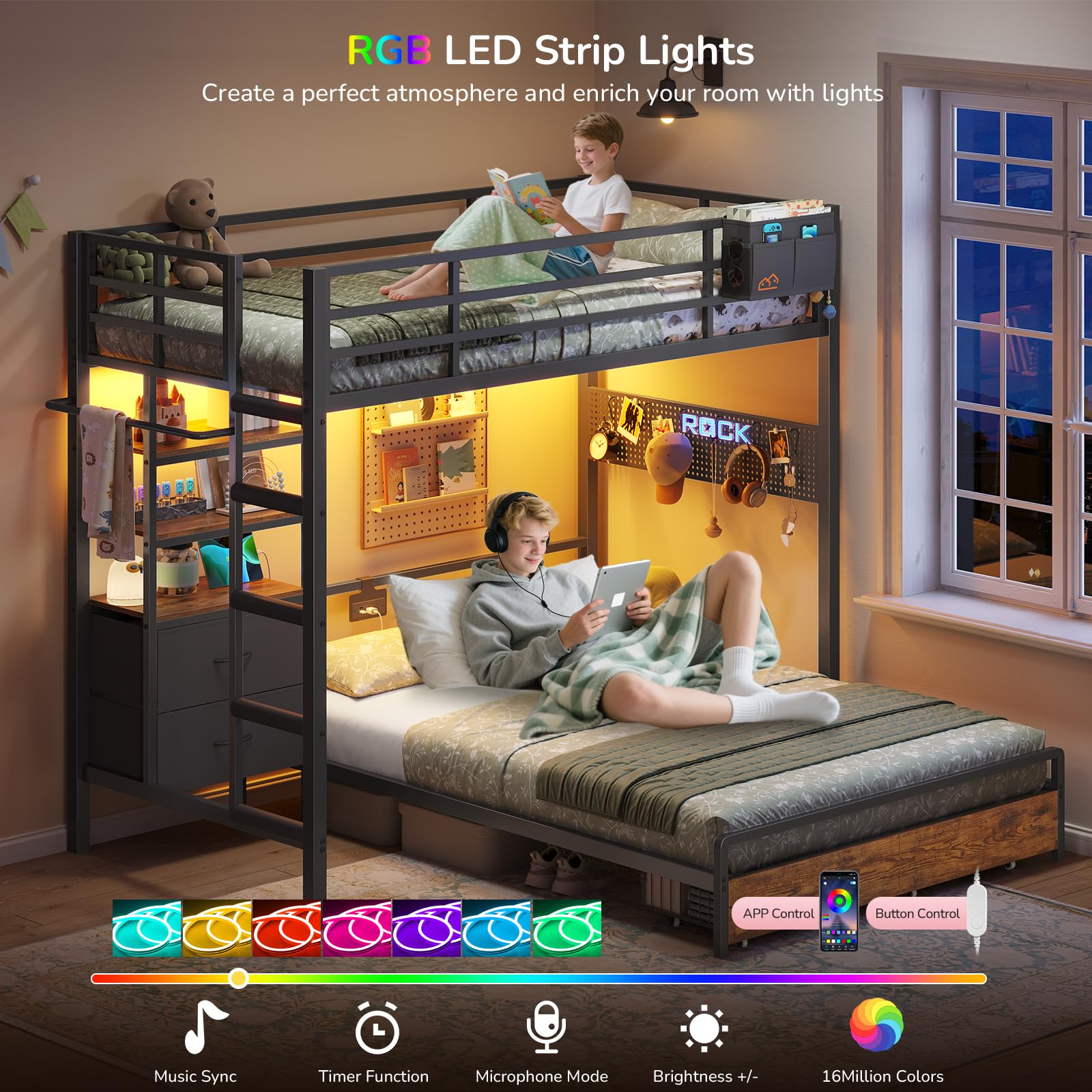 Twin Over Full Bunk Bed with Storage & LED Lights