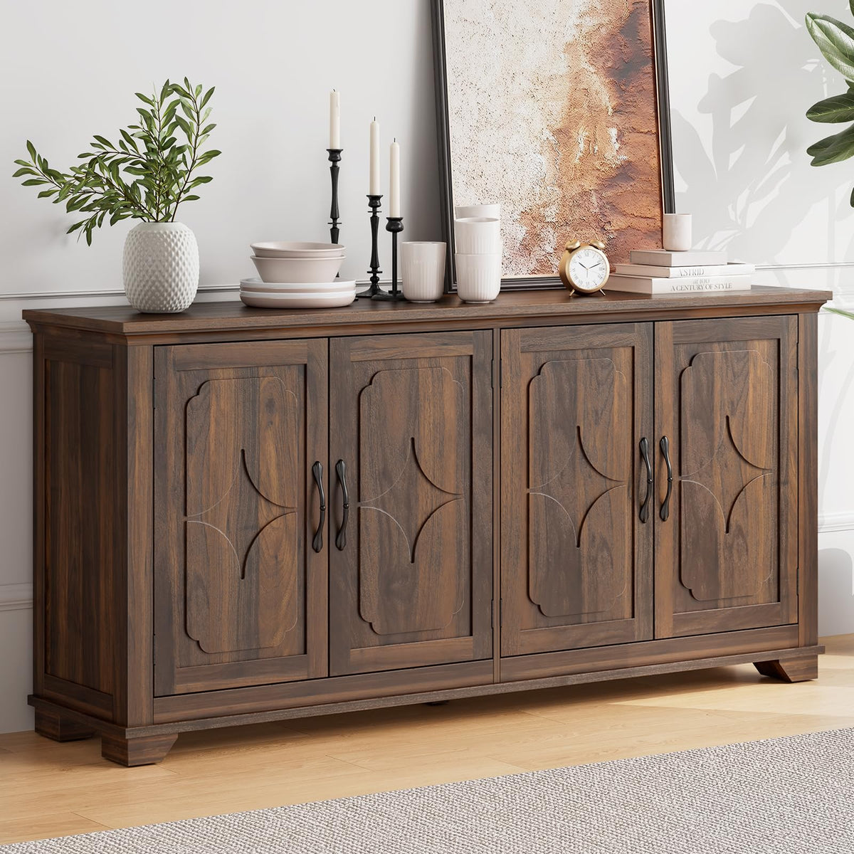 ONBRILL 63 Inch Buffet Cabinet with Storage, 4 Carved Doors, Brown