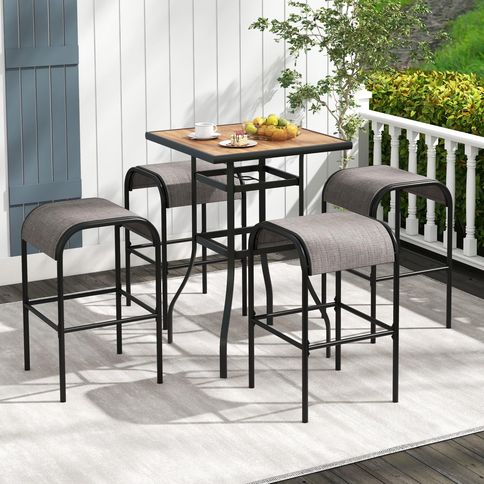 Outdoor Bar Stools with Breathable Fabric Seat & Metal Frame