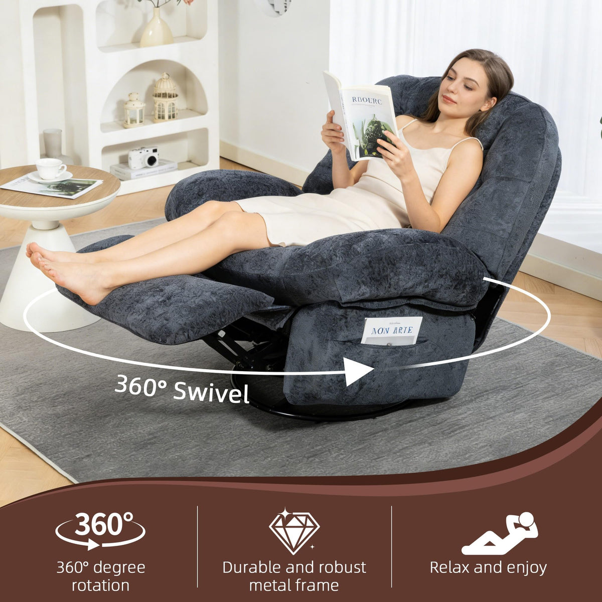 AISALL Recliner Chair for Adults, 360° Swivel Manual Recliner with Side Pocket, Nursery Rocking Chair with Comfortable Chenille Arms and Back for Living Room, Bedroom, Reading (Grey)