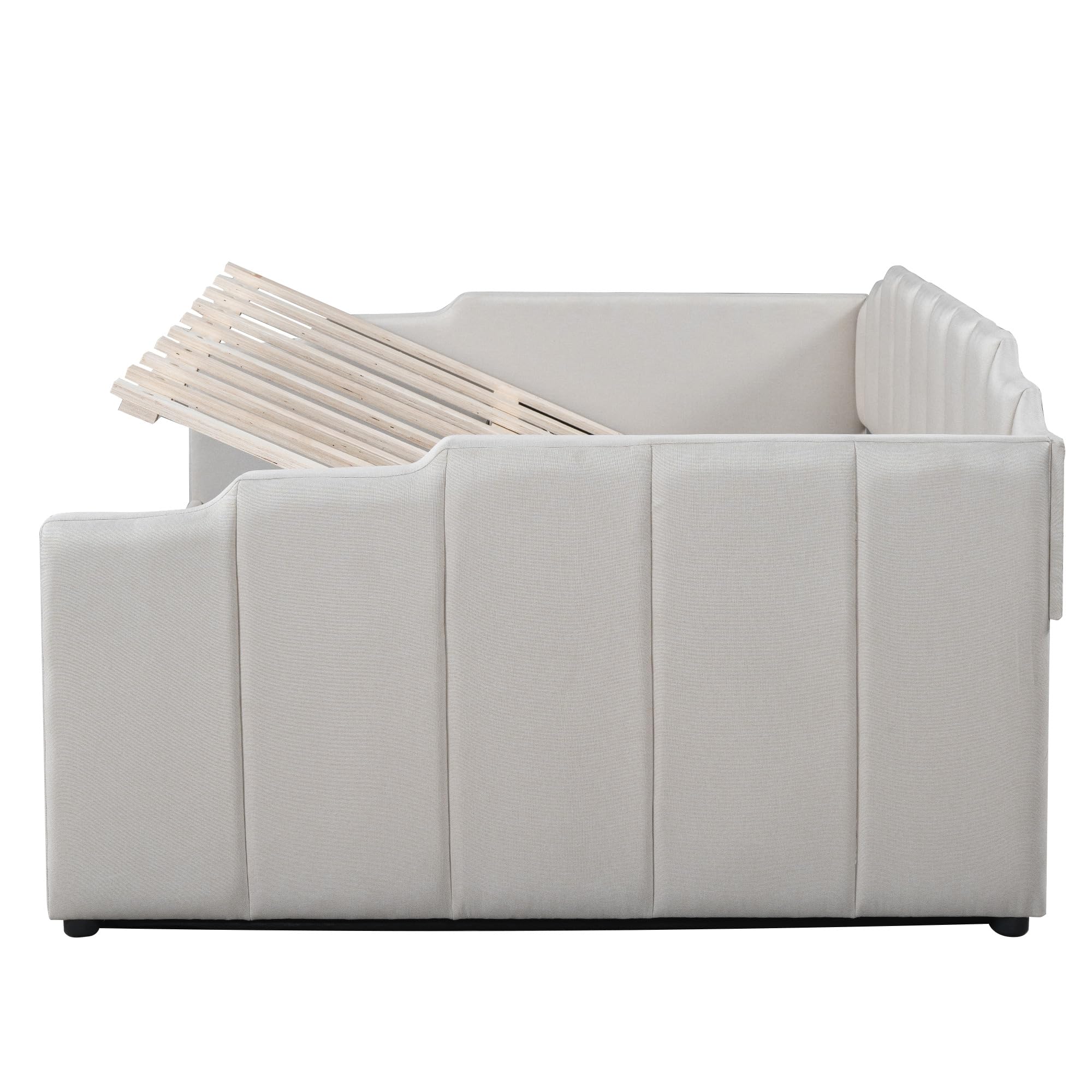 Merax Daybed, Full Size Tufted Upholstered Linen Fabric Sofa Bed with Underneath Storage for Bedroom, Wood Slat Support, No Box Spring Needed, Easy Assembly, White