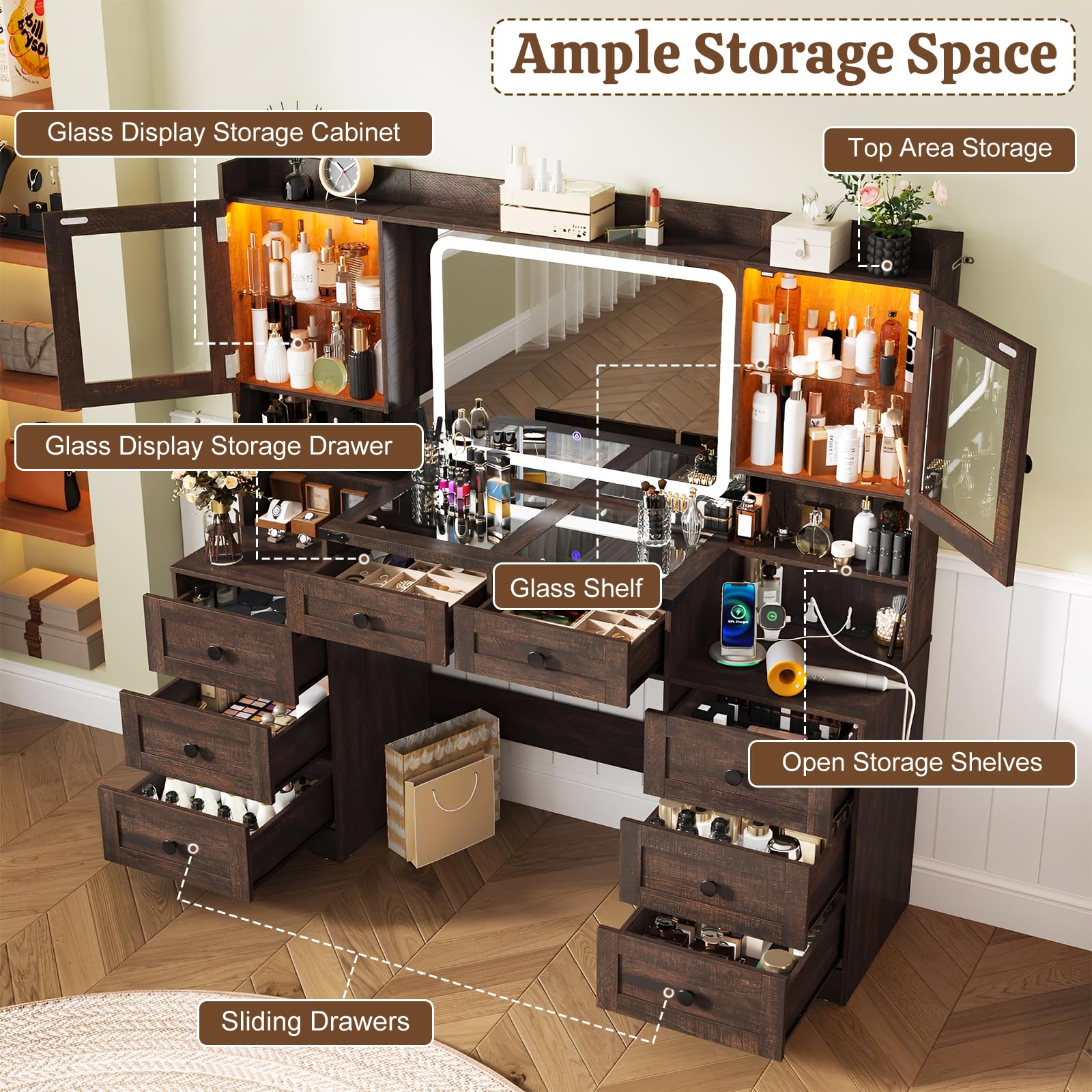 jiteentarou 60" Large Farmhouse Vanity Desk with LED Mirror, Lights and Charging Station, Glass Top Makeup Vanity Table w/8 Drawers, LED Glass Storage Cabinet, Dressing Table for Bedroom, Rustic Brown