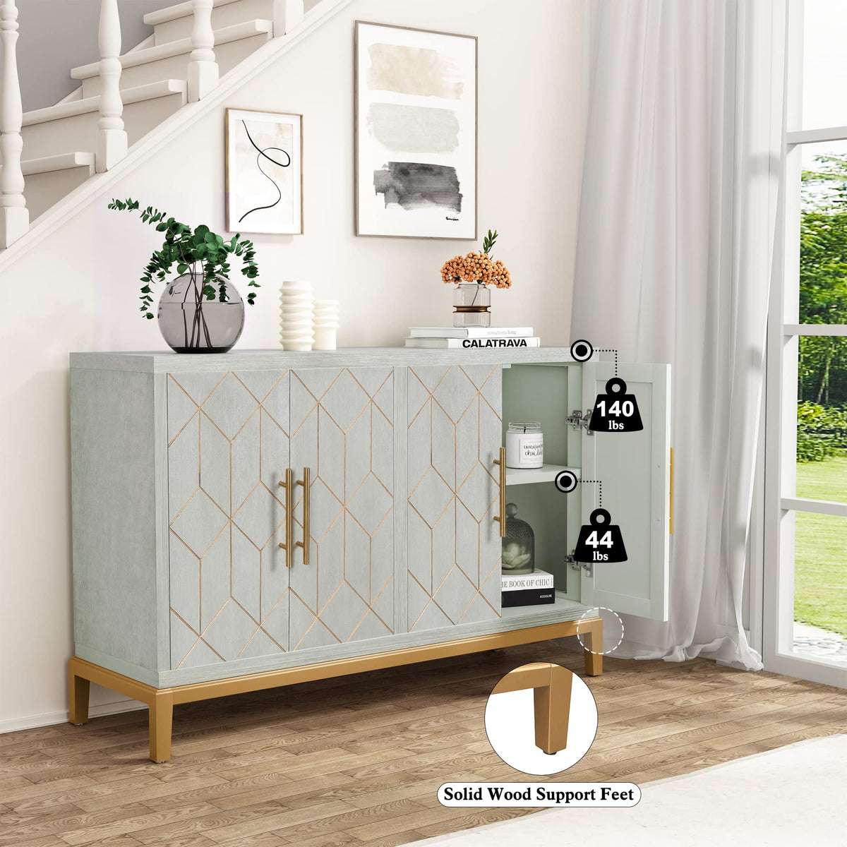 Green 4-Door Sideboard with Gold Trim