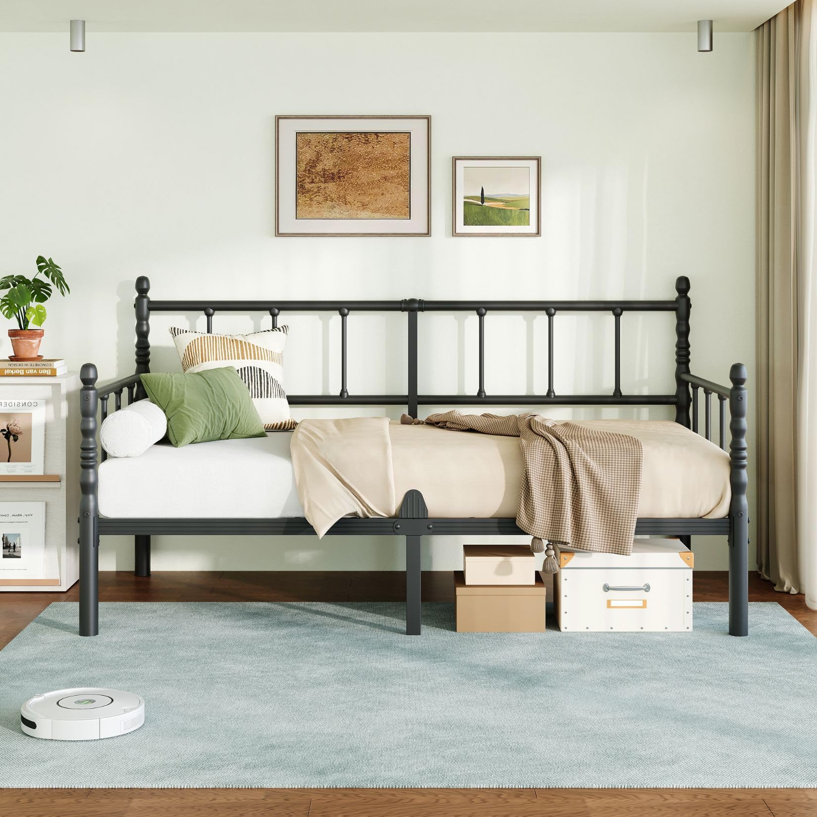 Twin Metal Daybed Frame with Roman Column Headboard