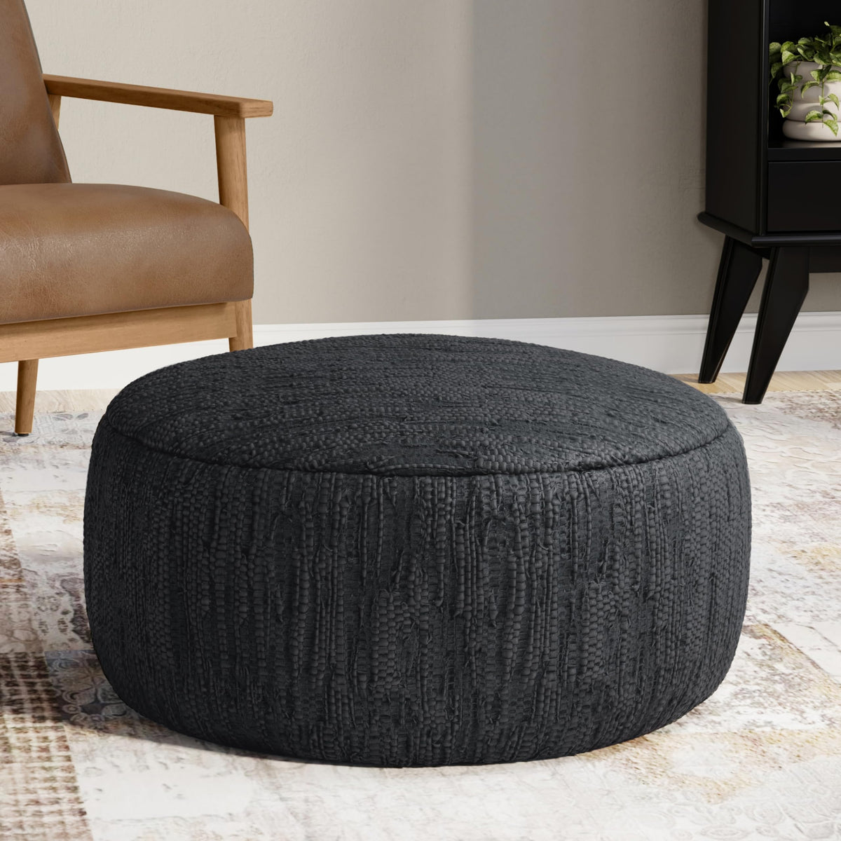 Black Leather Round Pouf