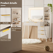 Vanity Desk with Mirror and Lights, Makeup Vanity Desk with Power Outlet, Makeup Desk with 5 Drawers&Storage Shelves, Vanity Table 3 Color Modes Adjustable Brightness Dressing Table Set for Bedroom