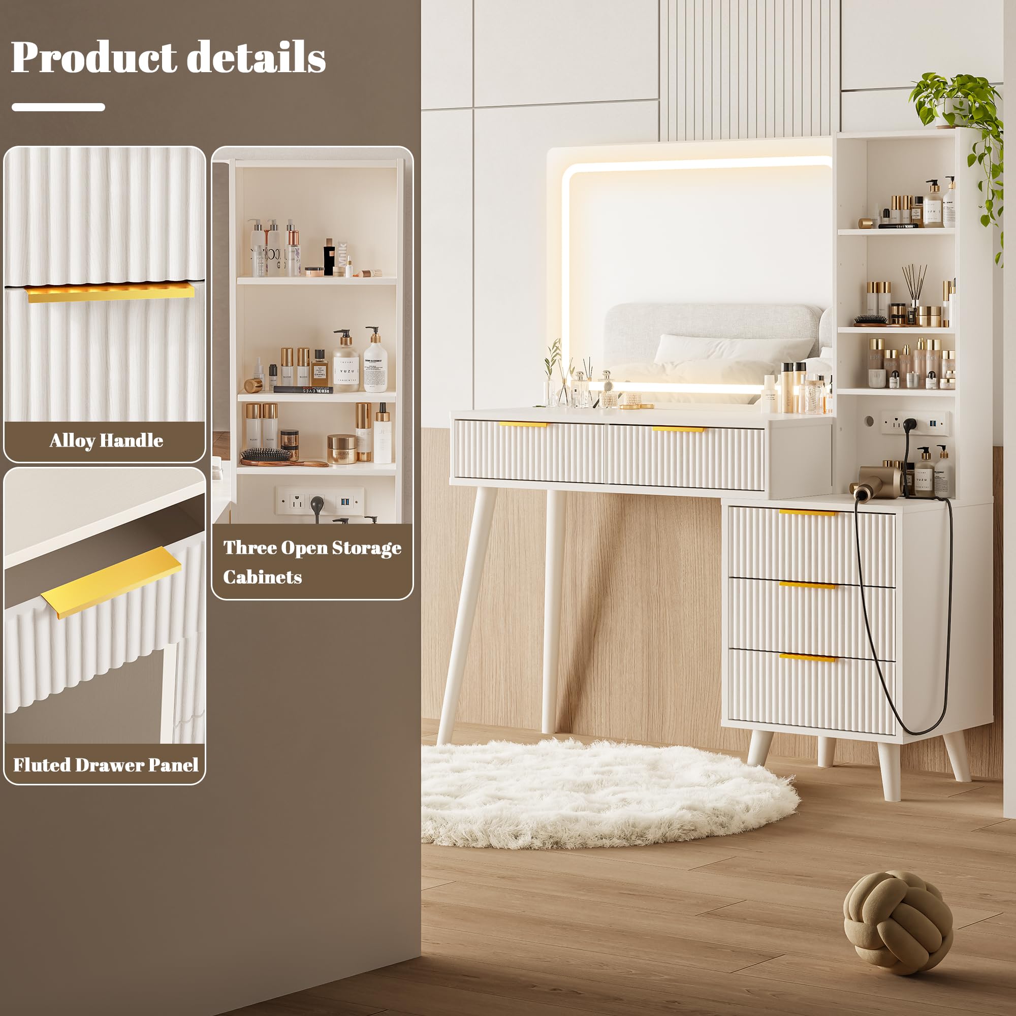 Vanity Desk with Mirror and Lights, Makeup Vanity Desk with Power Outlet, Makeup Desk with 5 Drawers&Storage Shelves, Vanity Table 3 Color Modes Adjustable Brightness Dressing Table Set for Bedroom