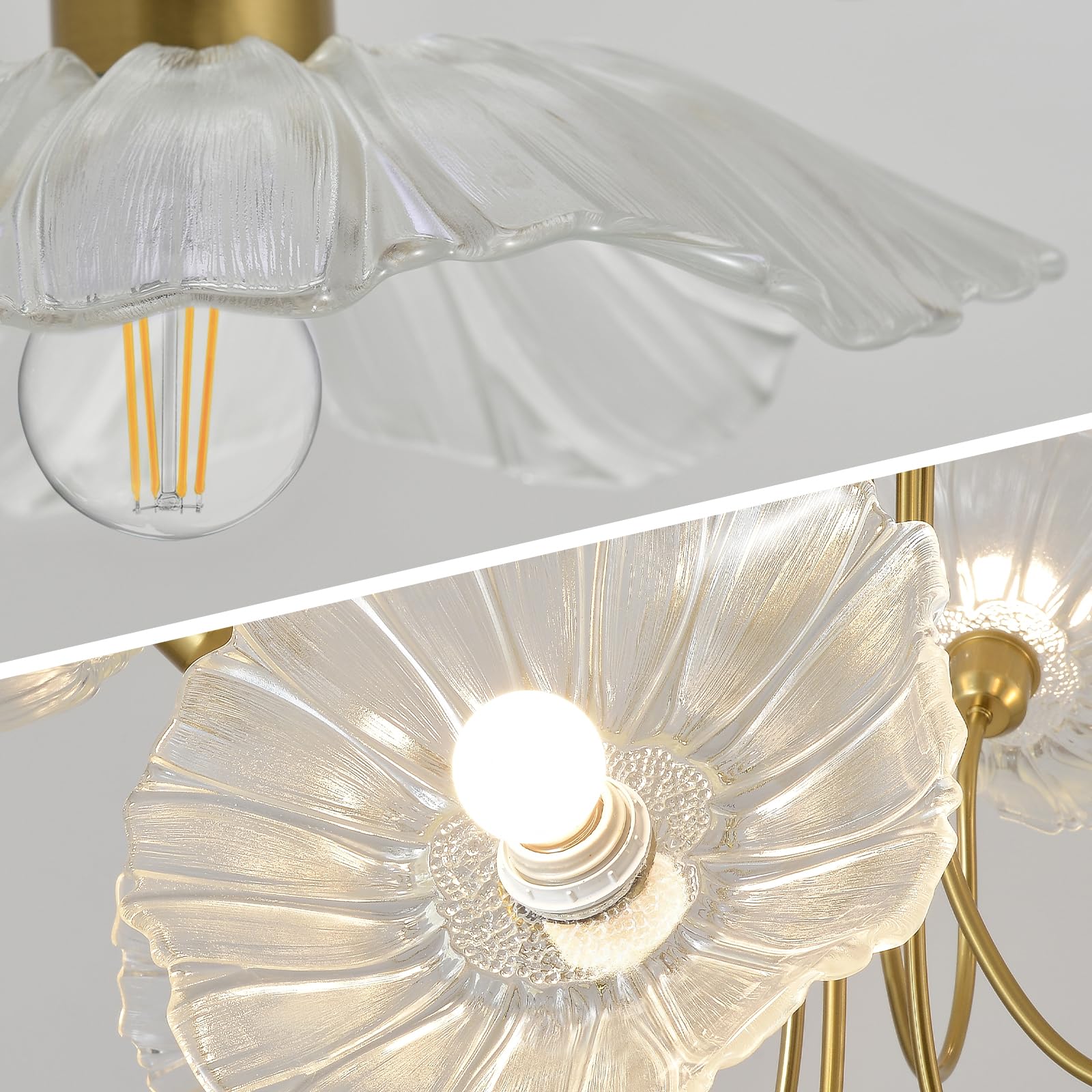 APLampara 33.4" Modern Floral Glass Chandelier, 6-Light Extra Large Ceiling Light Fixture with Clear Flower Shades, Brass Gold Accents for Living Room, Bedroom, Dining Room