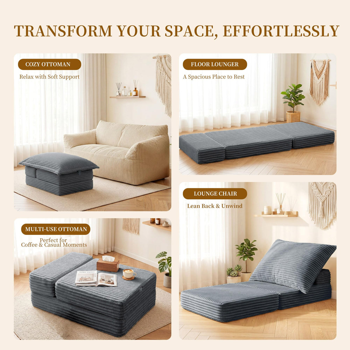 BALAPET Foldable Corduroy Boneless Ottoman, Convertible Folding Sofa Bed