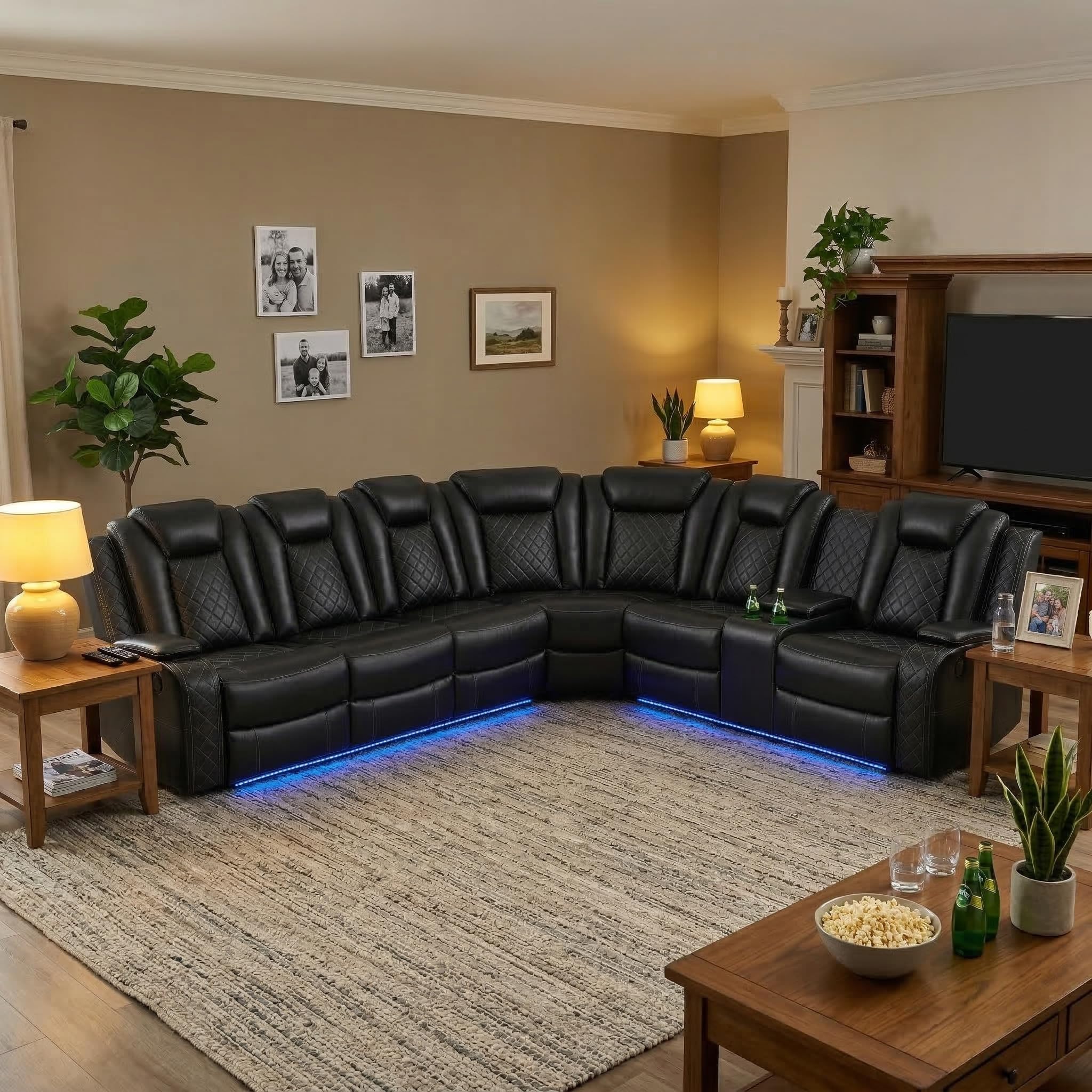 GzhAyyQ Power Reclining Leather Sectional Sofa Set for Living Room, 6-Seater Black Curved Couch with LED Lights, Cup Holders & Storage Console, Home Theater Seating