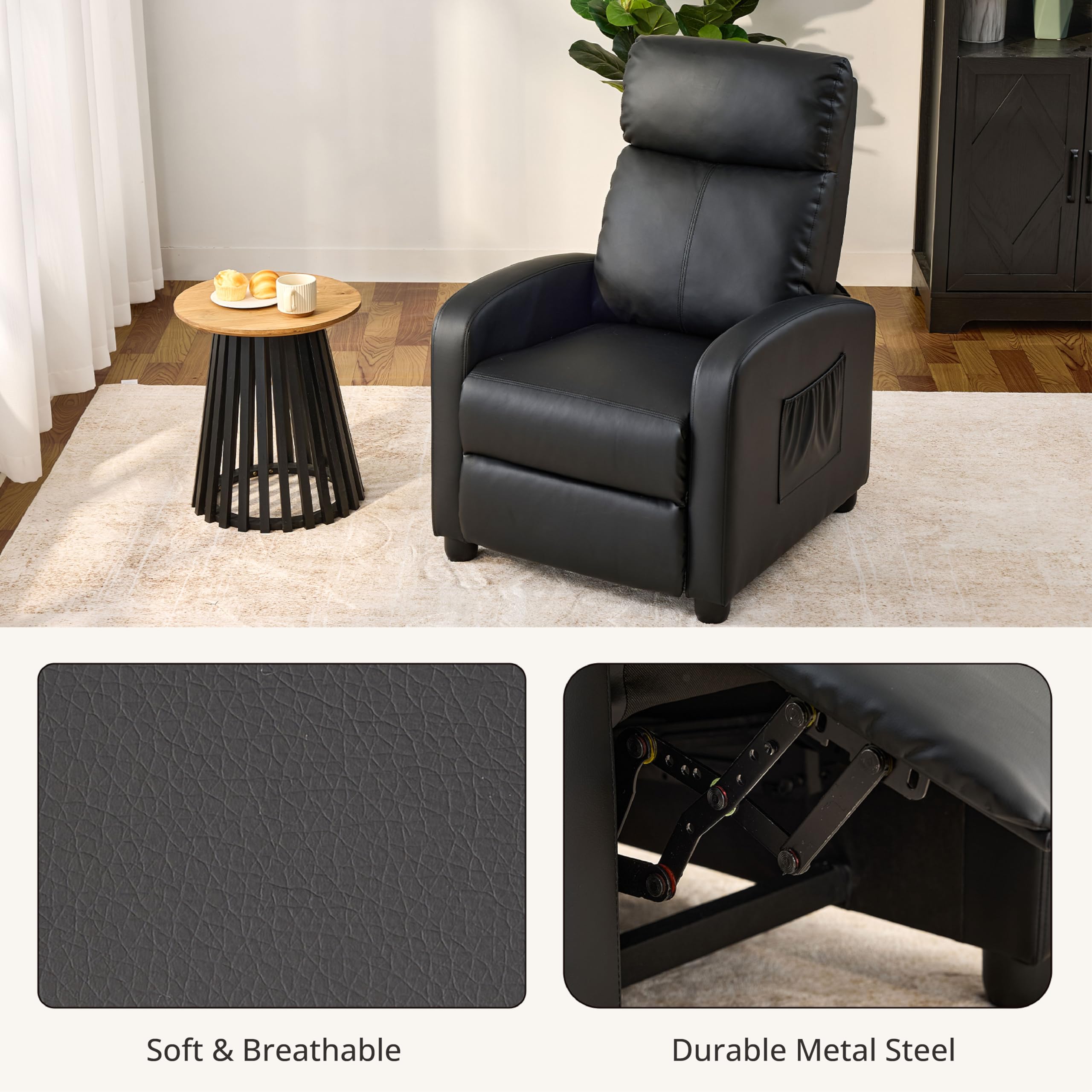 zzlay Leather Recliner Chair for Living Room, Modern Adjustable Home Theater Seating Single Sofa with Adjustable Backrest & Padded Armrests, Manual Push Back Armchair for Small Spaces,Black