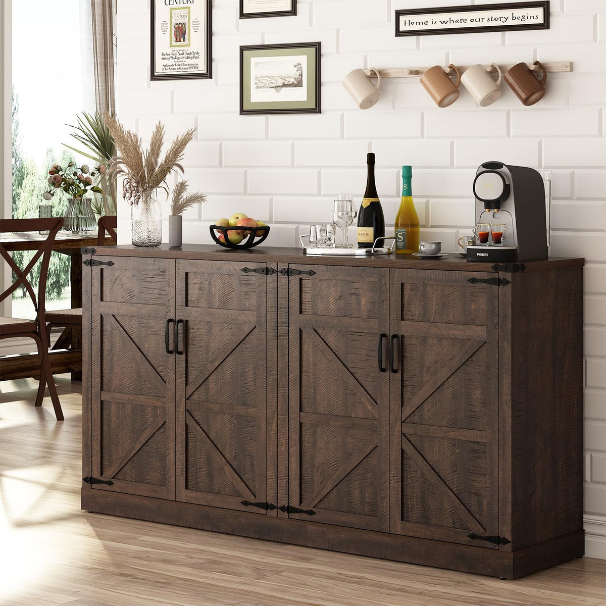 65 Inch Sideboard Buffet Cabinet with Storage, Farmhouse Kitchen Pantries Sideboard Cabinets with Adjustable Shelves, Wooden Coffee Bar Cabinet Buffet Table for Kitchen, Dining Room, Brown