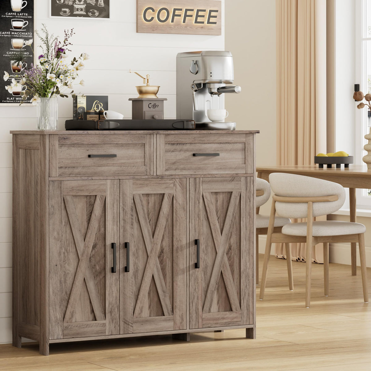 Homhedy Coffee Bar Storage Cabinet with Drawers, Kitchen Buffet Cabinet