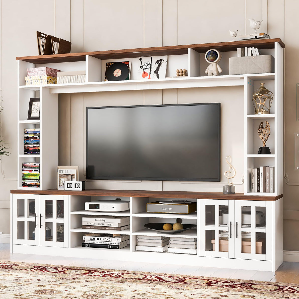 95.5" Entertainment Wall Unit Set with Bookshelves, Modern TV Stand for Televisions Up to 80", Large Media Console with Cabinets and Tempered Glass Doors for Living Room