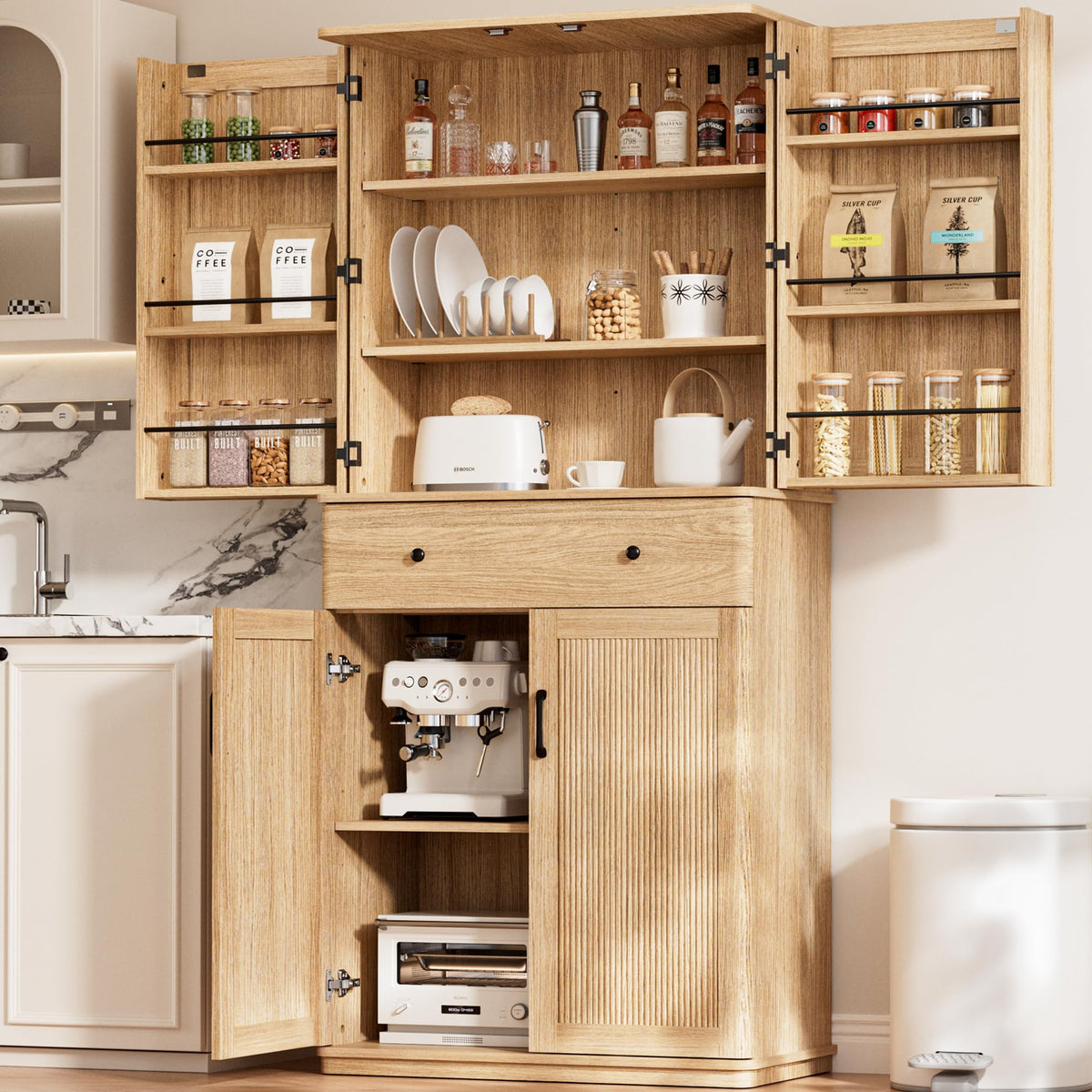72" Tall Pantry Cabinet, Kitchen Storage Cabinet with 1 Drawer 2 Cabinets, 3 Adjustable Shelves 6 Door Shelves, Fluted Freestanding Multi Use Pantry Storage Cabinet for Kitchen Dining Room Living Room