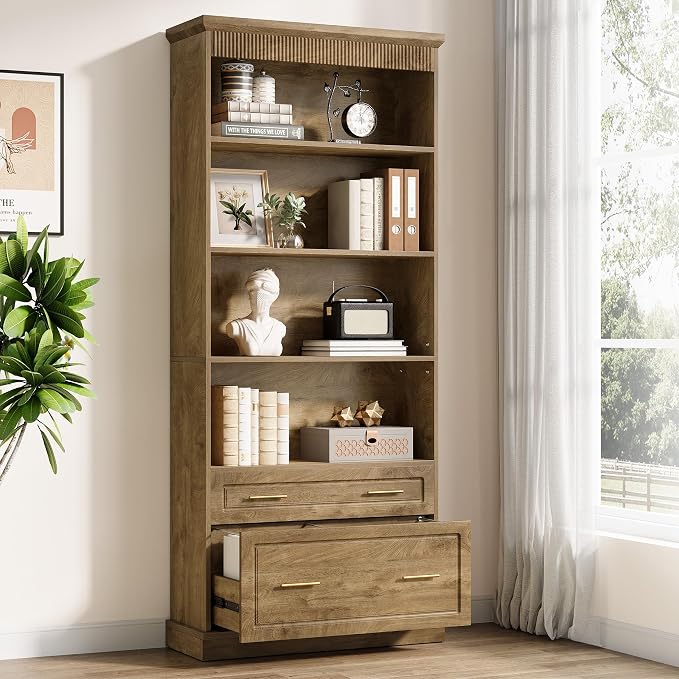 White 5-Shelf Bookcase Set with Drawers