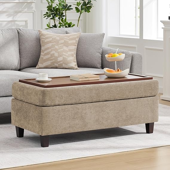 Large Storage Ottoman Bench with Flip-Top Wooden Tray