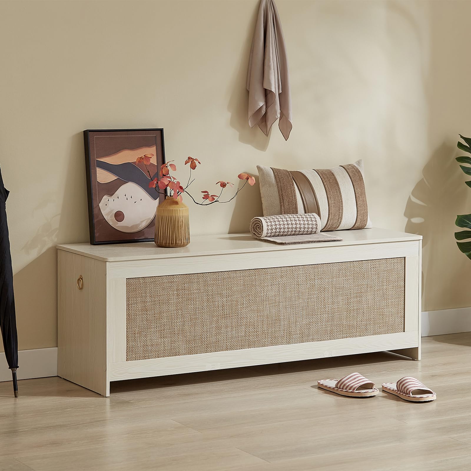 ZenFang 51.2" Storage Chest Extra Large,Storage Bench with 2 Safety Hinges,Wooden Shoe Bench,51.2x15.7x18.3 Inch,Easy Assembly,Storage Bench for Bedroom,Living Room,entryway(White Cream)