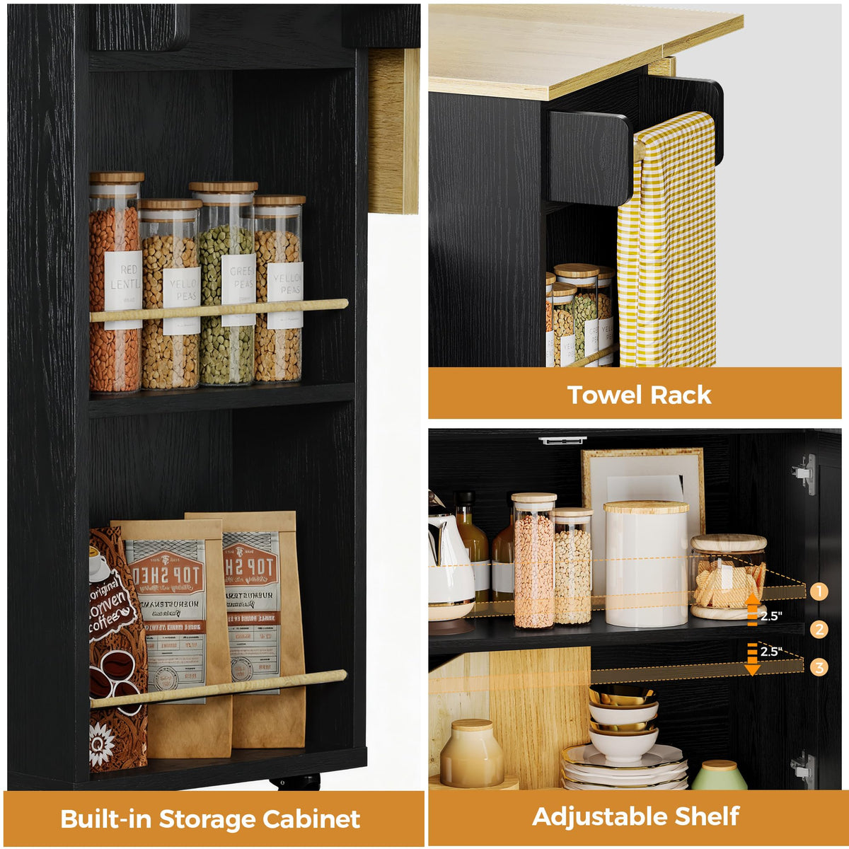 IRONCK Kitchen Island with Storage, 47.2" Rolling Cart with Drop Leaf