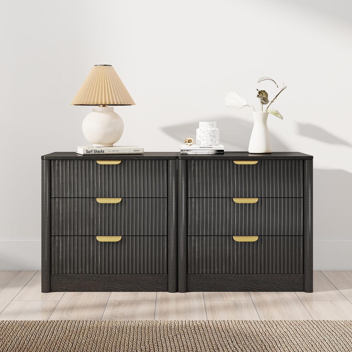 PLRSOZIM 23.6" Black Fluted Nightstand with Charging Station and 3 Drawers