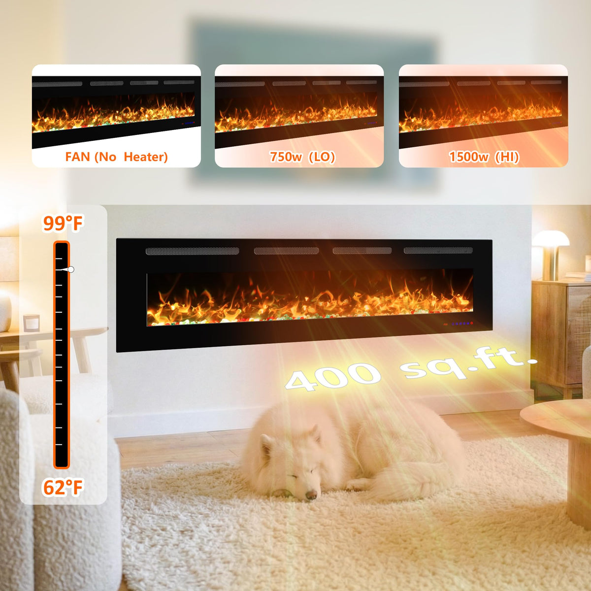 Vinemount 72" Electric Fireplace Insert Ultra-Thin, Recessed & Wall Mounted, Fireplace Heater with Adjustable Flame & Fuel Bed Color, 5 Flame Speeds & Brightness, 750/1500W, Timer