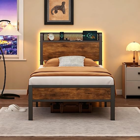 Metal Platform Bed Frame with LED Lights & Charging Station