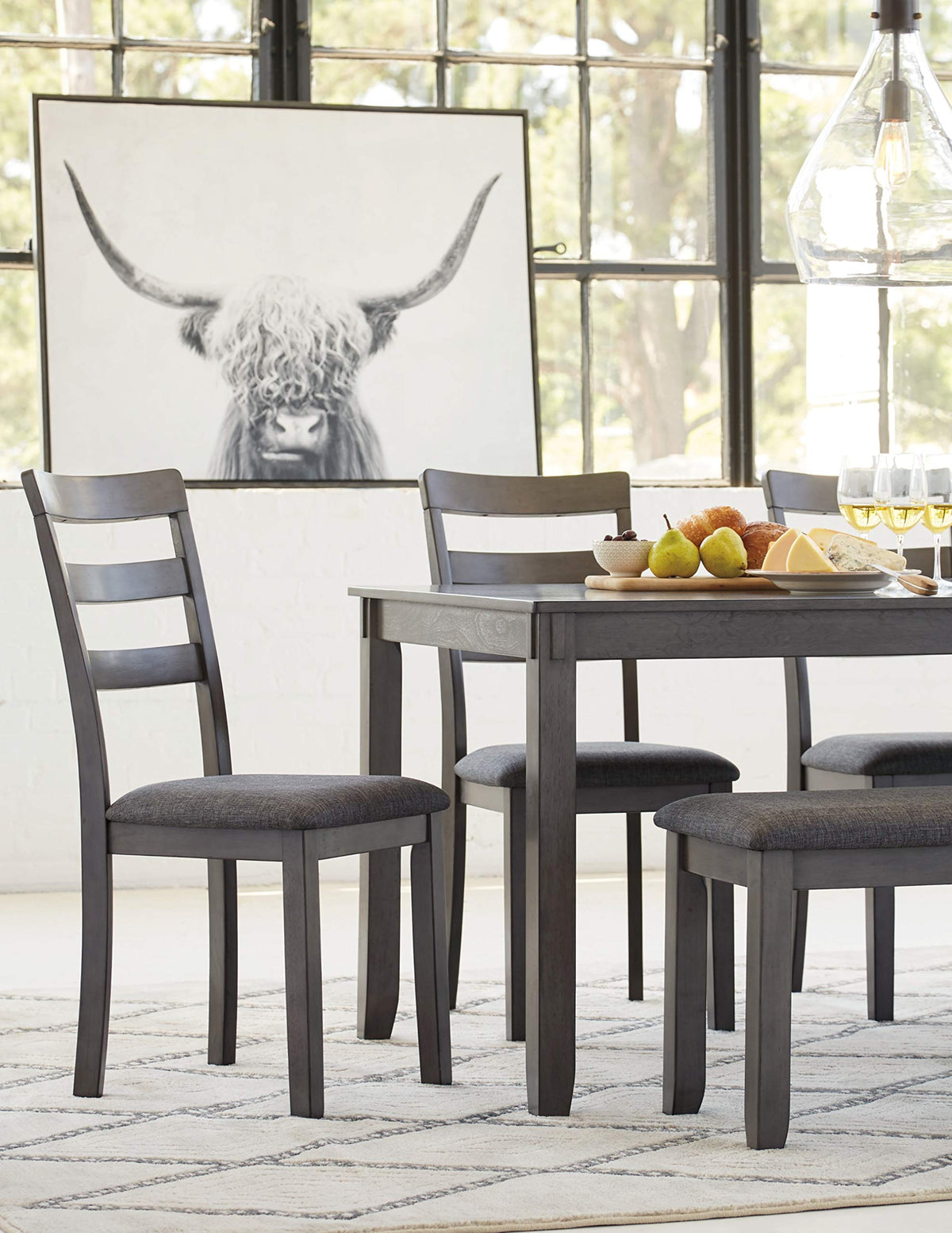 Signature Design by Ashley 6-Piece Dining Table Set with Bench, Gray